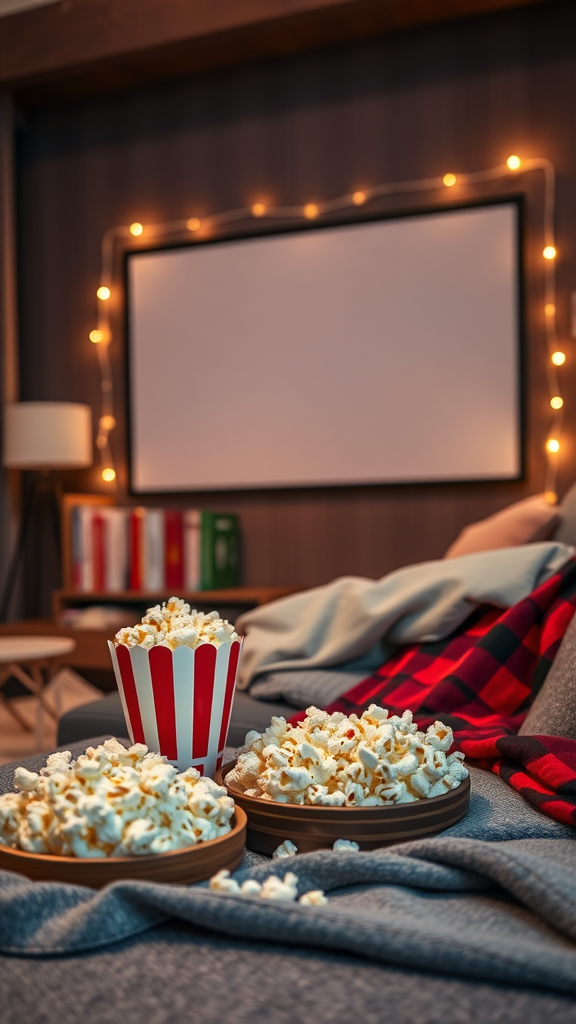 25 Must-Have Items for the Perfect Nesting Party Cozy movie setup with popcorn in various bowls, blankets on the couch, and a large screen ready for films.