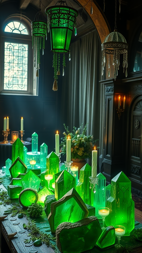 20 Enchanting Dark Romantic Wedding in Emerald Green Ideas A beautifully arranged table with emerald green crystals, candles, and hanging lanterns, creating a mystical decor setting.