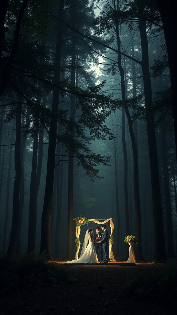 25 Enchanting Dark Romantic Wedding Ideas You’ll Love A couple stands under a floral arch in a misty forest, surrounded by tall trees.