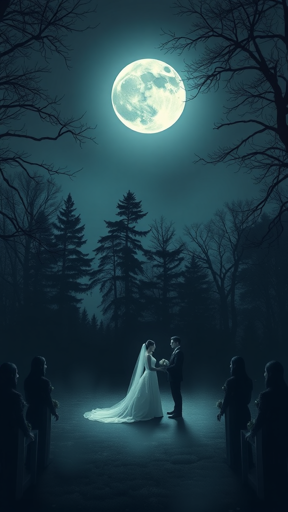 25 Enchanting Dark Romantic Wedding Ideas You’ll Love A couple in a wedding ceremony under a full moon surrounded by trees and guests.