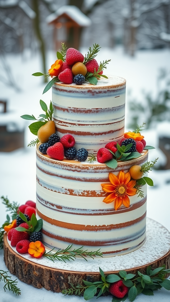 20 Enchanting Christmas Wedding Cake Ideas A beautifully decorated naked cake with festive fruits, including strawberries, raspberries, and blackberries, set against a snowy background.