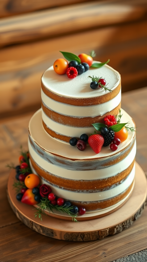 30 Themed Two-Tier Wedding Cakes That Are Totally Unique (Check Out #9!) A two-tier naked wedding cake adorned with seasonal fruits like strawberries, blueberries, and cherries on a wooden base.