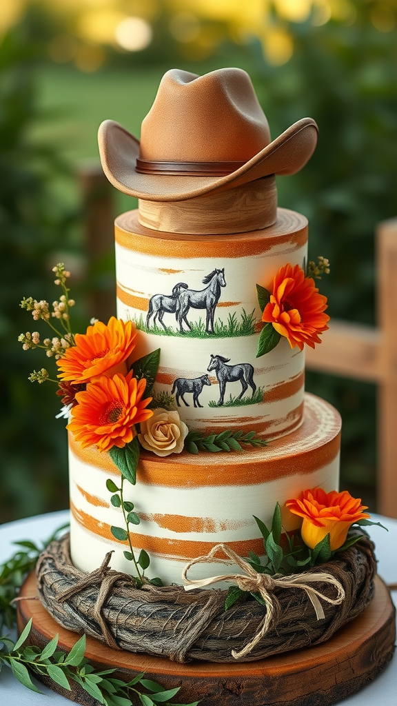 25 Cowboy Wedding Cake Ideas to Inspire Your Rustic Celebration A cowboy wedding cake decorated with a cowboy hat, hand-painted horses, bright flowers, and a rustic wooden base.