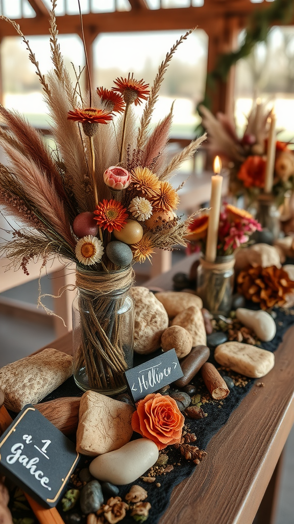 35 Earth Tone Wedding Ideas That'll Make Your Guests Go 'Wow!' (Don't Miss #10!) Decor featuring dried flowers, stones, and pumpkins for an Earth Tone Wedding