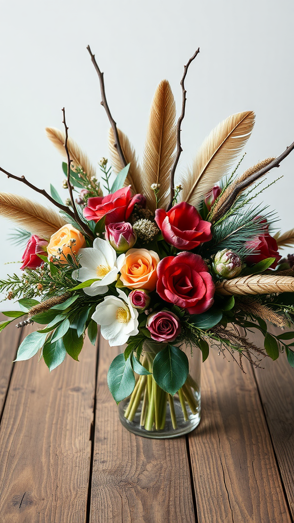25 Cowboy Wedding Flowers That Will Make Planning a Breeze! A floral arrangement featuring roses, feathers, and greenery in a glass vase