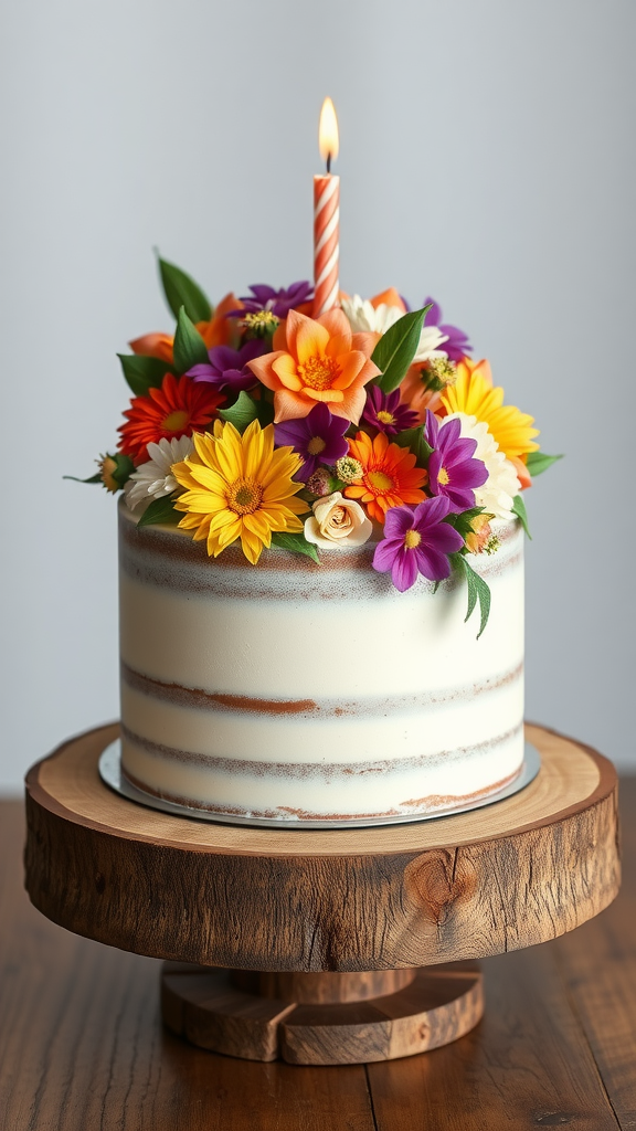 25 Adorable Ideas for a Boho Themed 1st Birthday Party for Girls A beautifully decorated cake with colorful flowers and a candle on top, placed on a wooden stand. boho themed 1st birthday party