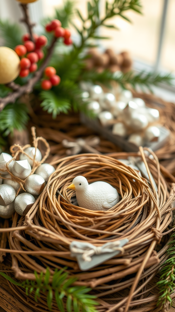 25 Must-Have Items for the Perfect Nesting Party A decorative arrangement of woven nests with a white bird and natural elements, ideal for party favors.