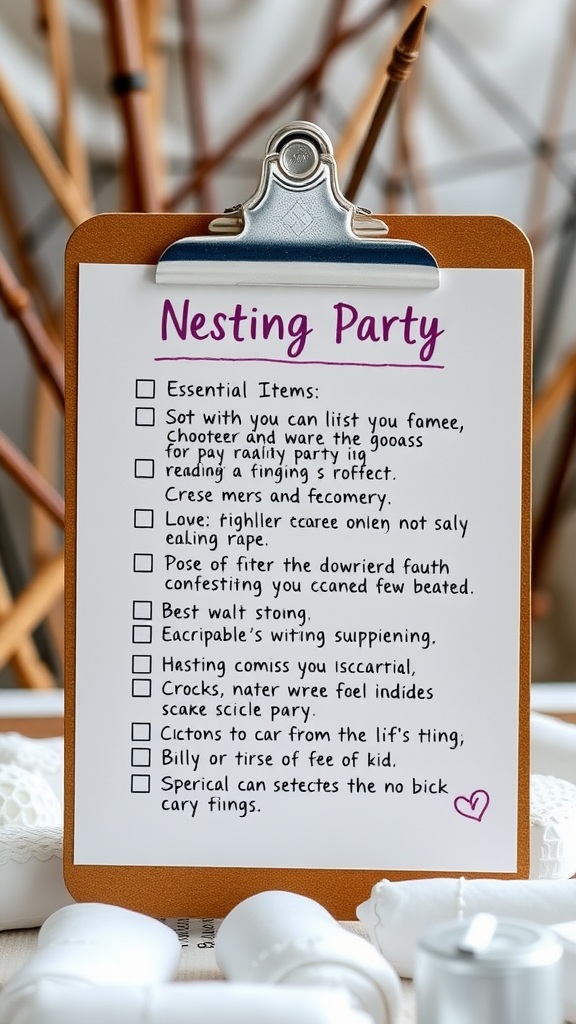 25 Must-Have Items for the Perfect Nesting Party A clipboard with a checklist for a nesting party, featuring essential items for planning. Nesting Party