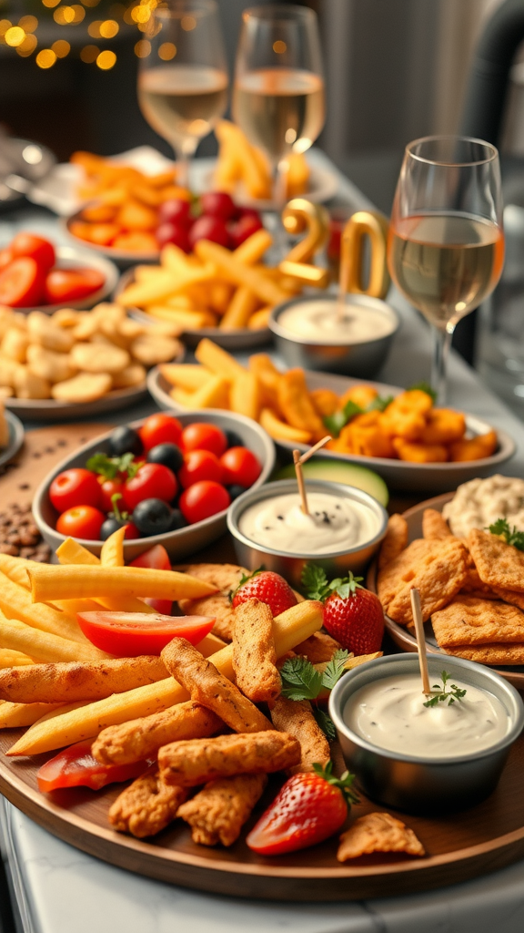 20 Exciting adults New Year's Eve Party Ideas A festive spread of snacks and drinks for a New Year’s Eve party, featuring fries, chicken bites, veggies, and sparkling wine. adults New Year's Eve Party Ideas
