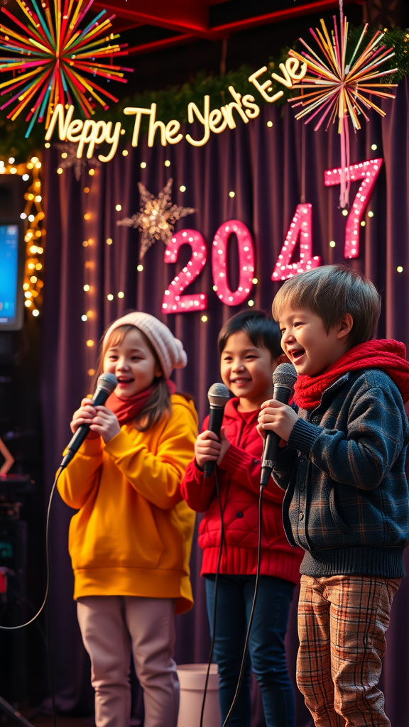 25 Fun and Festive new year’s eve kid party ideas Three kids singing karaoke on New Year's Eve with colorful decorations.