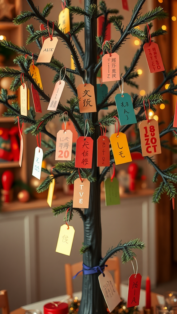 20 Exciting adults New Year's Eve Party Ideas A decorative tree with colorful tags hanging from its branches, each representing a wish or message.