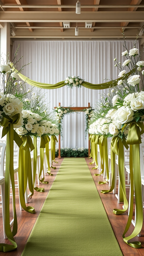 35 Olive Green Wedding Ideas You Haven't Seen Yet (Prepare to Be Inspired!) Elegant aisle decor with olive green ribbons and white roses for a wedding