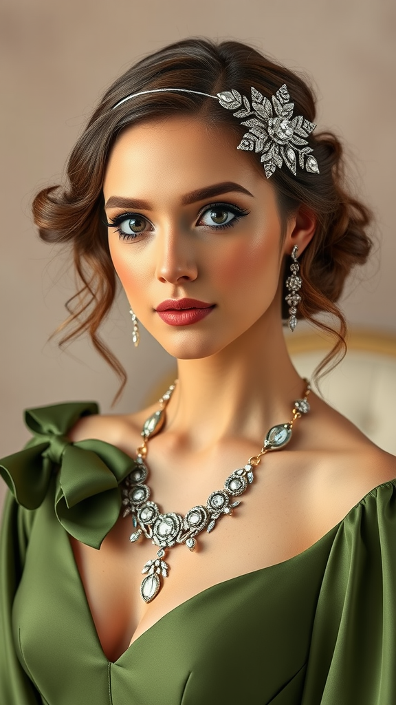 35 Olive Green Wedding Ideas You Haven't Seen Yet (Prepare to Be Inspired!) Bride with olive green dress and elegant accessories, including a necklace and earrings, showcasing a sophisticated bridal look.