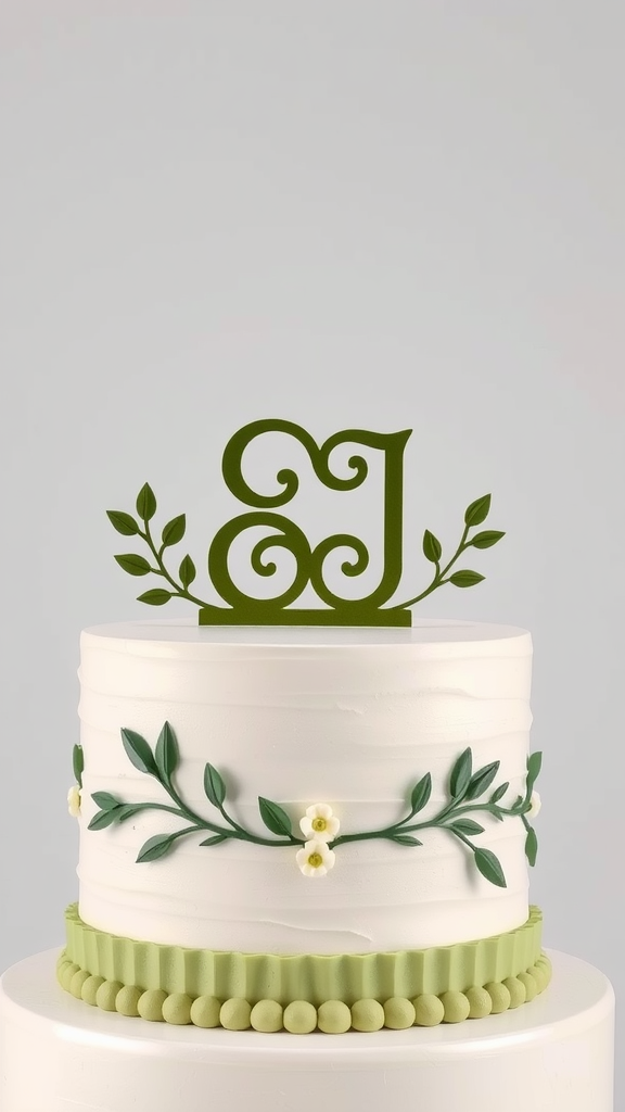 35 Olive Green Wedding Ideas You Haven't Seen Yet (Prepare to Be Inspired!) A white wedding cake with an olive green topper and decorative greenery.