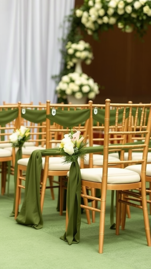 35 Olive Green Wedding Ideas You Haven't Seen Yet (Prepare to Be Inspired!) Ceremony chairs with olive green sashes and floral decorations in a wedding setting.