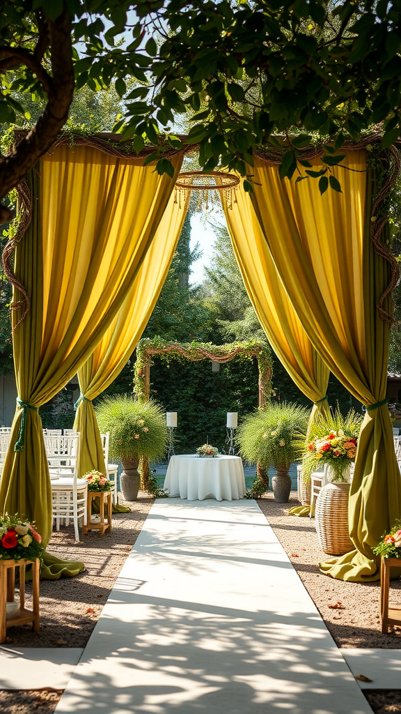 35 Olive Green Wedding Ideas You Haven't Seen Yet (Prepare to Be Inspired!) Outdoor wedding setup with olive green drapes and floral arrangements
