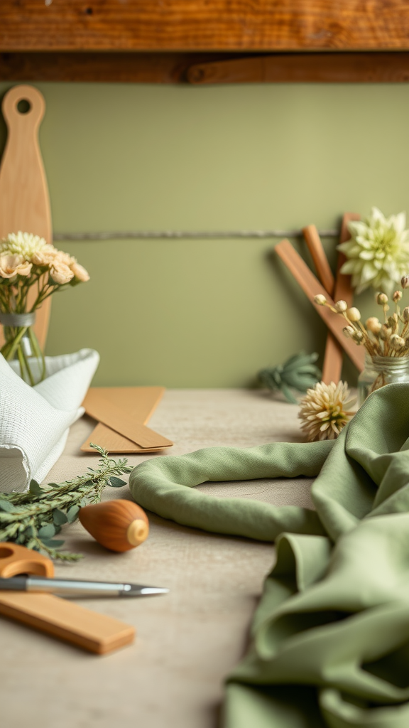 35 Olive Green Wedding Ideas You Haven't Seen Yet (Prepare to Be Inspired!) A workspace featuring olive green fabrics, wooden tools, and flowers, ideal for DIY wedding projects.