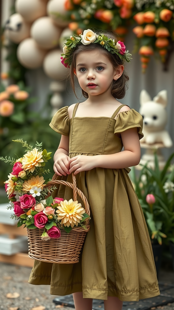 35 Olive Green Wedding Ideas You Haven't Seen Yet (Prepare to Be Inspired!) A little girl in an olive green flower girl dress holding a basket of flowers, adorned with a floral crown.