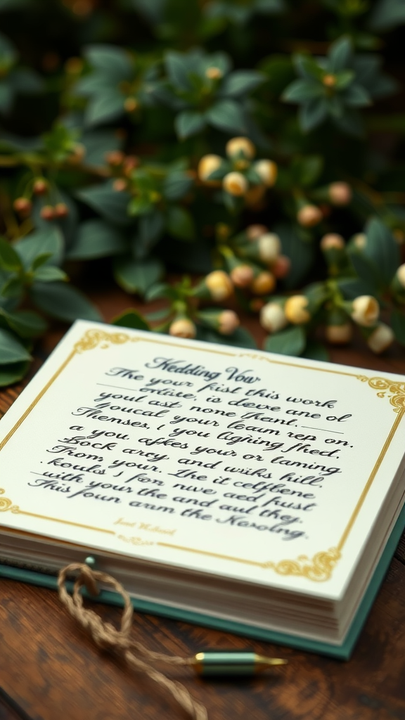 35 Olive Green Wedding Ideas You Haven't Seen Yet (Prepare to Be Inspired!) A close-up of a handwritten wedding vow book on a wooden surface, surrounded by olive green leaves and soft floral accents.