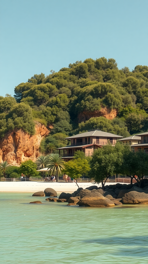 35 Olive Green Wedding Ideas You Haven't Seen Yet (Prepare to Be Inspired!) A tranquil beach view with lush greenery and smooth rocks by the water.