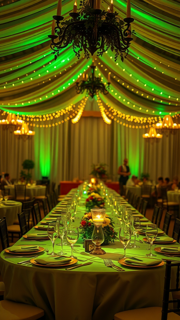 35 Olive Green Wedding Ideas You Haven't Seen Yet (Prepare to Be Inspired!) A beautifully lit wedding reception with olive green lighting and elegant table settings.
