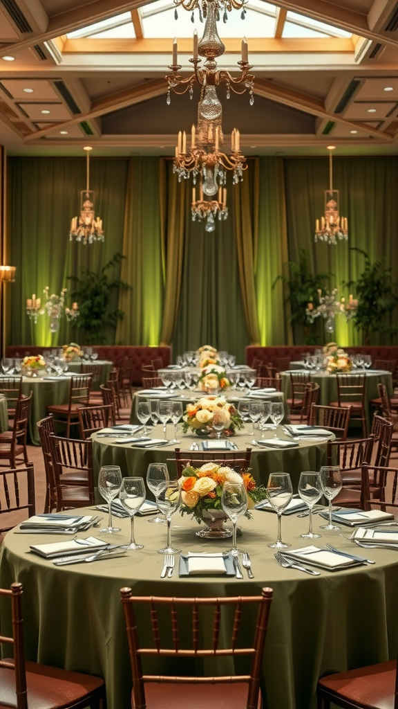 35 Olive Green Wedding Ideas You Haven't Seen Yet (Prepare to Be Inspired!) Elegant reception decor featuring olive green tables with floral arrangements, chandeliers, and green drapery.