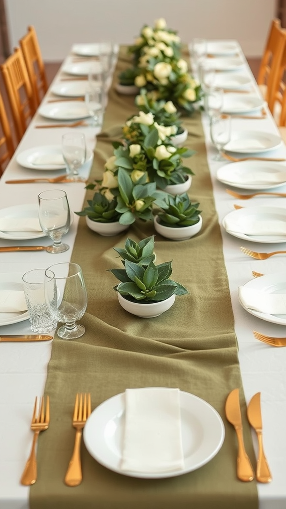 35 Olive Green Wedding Ideas You Haven't Seen Yet (Prepare to Be Inspired!) A beautifully arranged wedding table featuring an olive green table runner, white plates, gold cutlery, and succulent centerpieces.