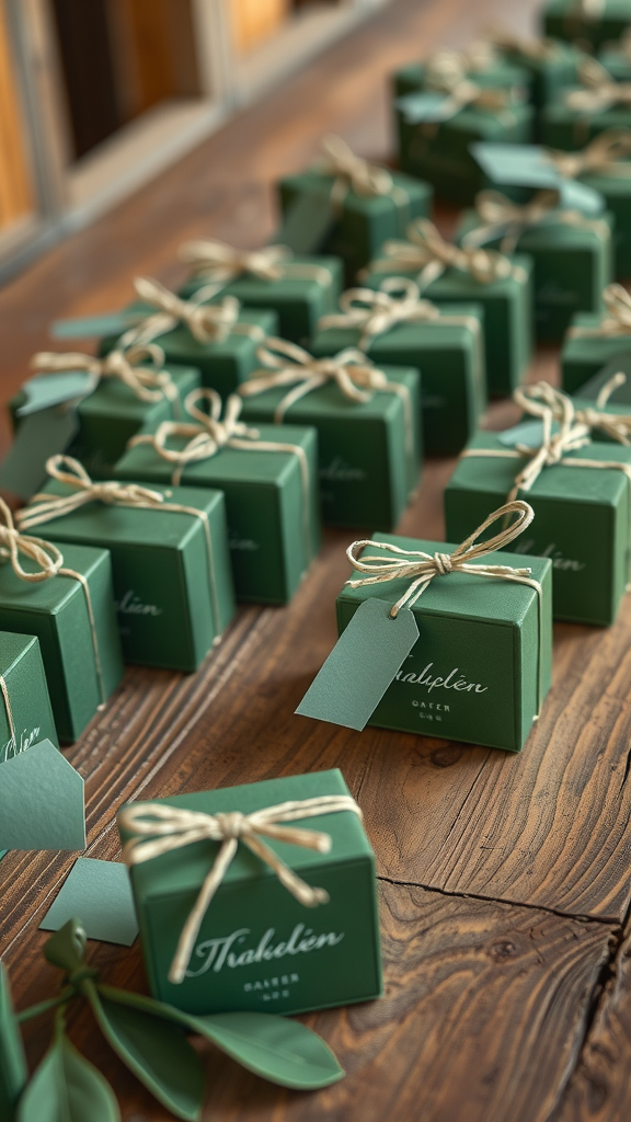 35 Olive Green Wedding Ideas You Haven't Seen Yet (Prepare to Be Inspired!) Olive green themed guest favors neatly arranged on a wooden table