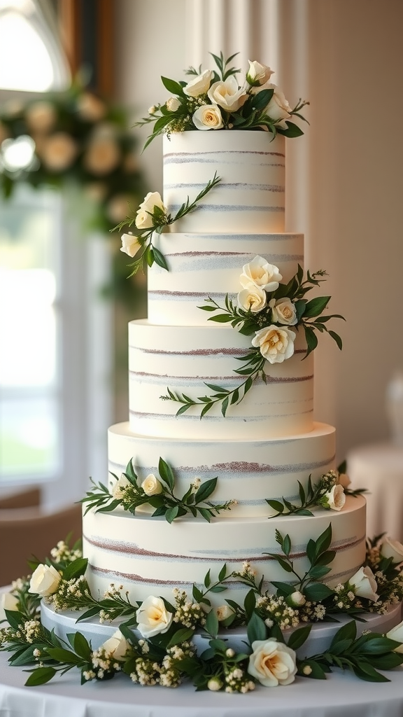 35 Olive Green Wedding Ideas You Haven't Seen Yet (Prepare to Be Inspired!) Elegant wedding cake with white roses and greenery, featuring a tiered design in an olive green theme.