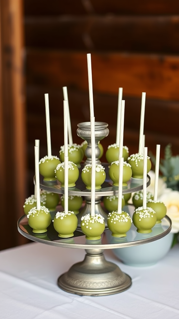 35 Olive Green Wedding Ideas You Haven't Seen Yet (Prepare to Be Inspired!) A display of olive green wedding cake pops on a tiered stand, decorated with white embellishments.
