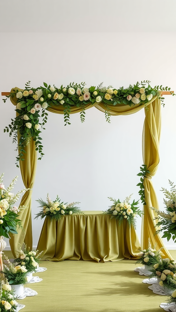 35 Olive Green Wedding Ideas You Haven't Seen Yet (Prepare to Be Inspired!) A beautiful olive green wedding ceremony backdrop with floral decorations and draped fabric
