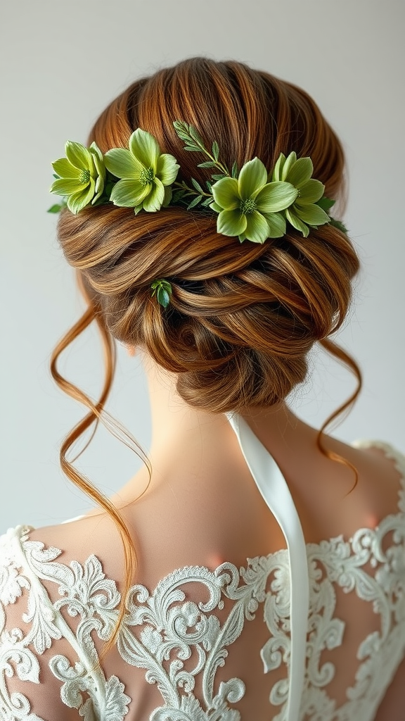 35 Olive Green Wedding Ideas You Haven't Seen Yet (Prepare to Be Inspired!) Olive green wedding hairstyle featuring an elegant updo with green flowers