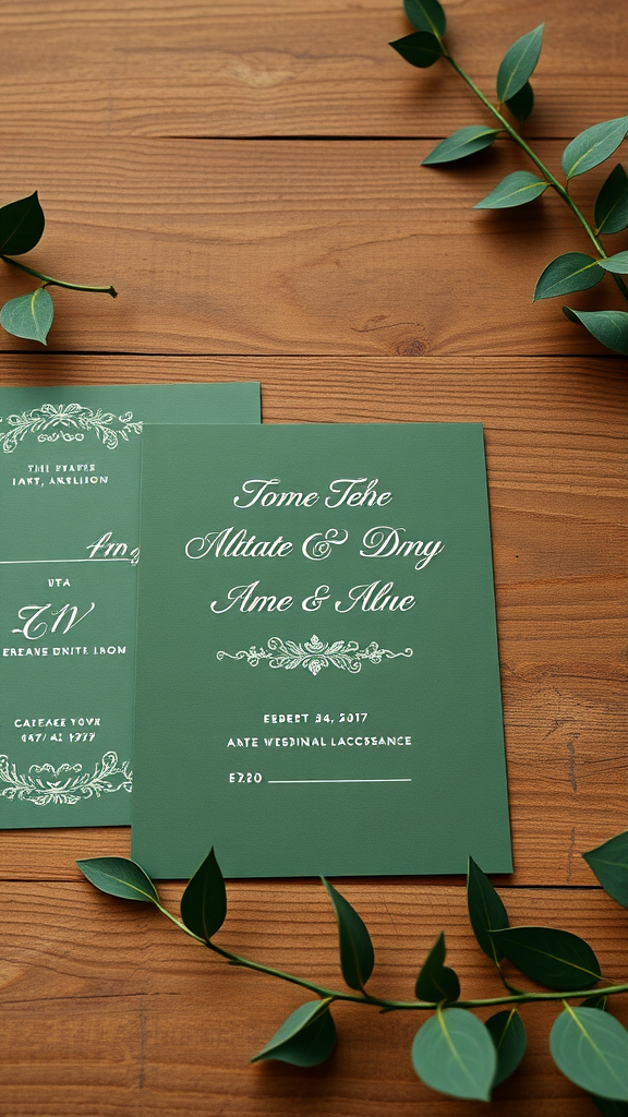 35 Olive Green Wedding Ideas You Haven't Seen Yet (Prepare to Be Inspired!) Olive green wedding invitations with elegant white lettering on a wooden surface surrounded by greenery