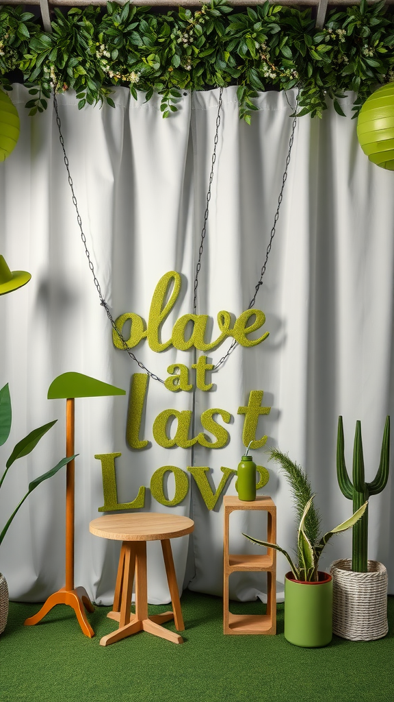 35 Olive Green Wedding Ideas You Haven't Seen Yet (Prepare to Be Inspired!) Olive Green Wedding Photo Booth with greenery and vibrant decor