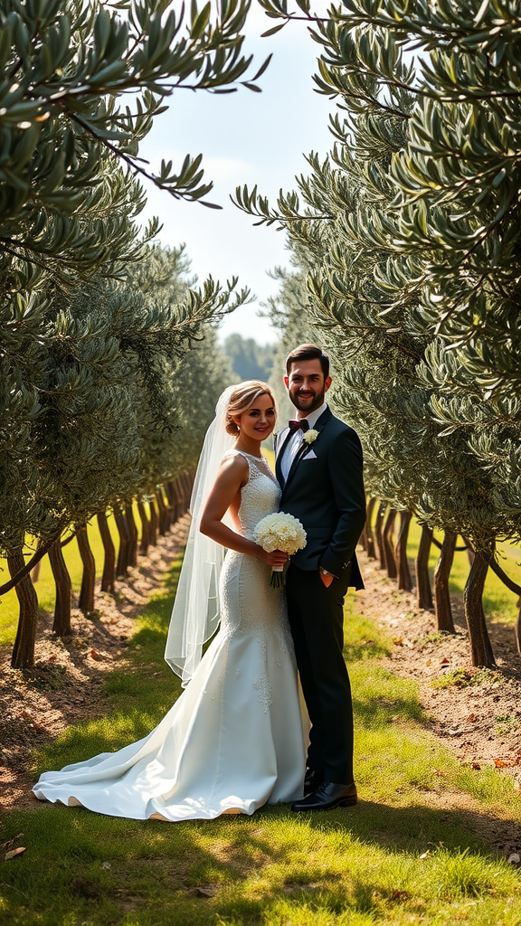 35 Olive Green Wedding Ideas You Haven't Seen Yet (Prepare to Be Inspired!) Couple standing in an olive grove, showcasing a romantic wedding moment.