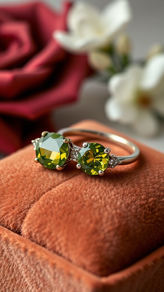 35 Olive Green Wedding Ideas You Haven't Seen Yet (Prepare to Be Inspired!) A beautiful olive green wedding ring with two large stones, placed on a plush box surrounded by flowers.