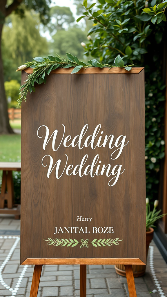35 Olive Green Wedding Ideas You Haven't Seen Yet (Prepare to Be Inspired!) Wooden wedding signage with greenery, displaying names and a warm design