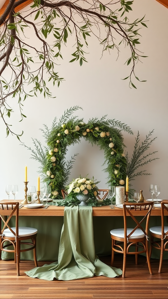 35 Olive Green Wedding Ideas You Haven't Seen Yet (Prepare to Be Inspired!) A beautifully set table with olive green decor, featuring floral arrangements and candles.