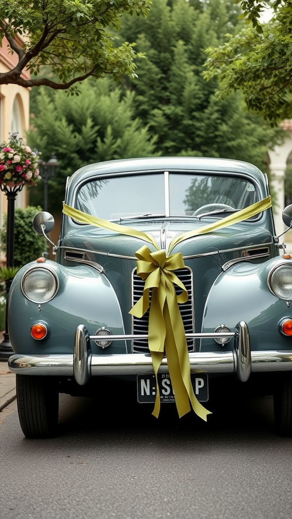 35 Olive Green Wedding Ideas You Haven't Seen Yet (Prepare to Be Inspired!) Vintage car with olive green ribbon, ideal for a wedding theme