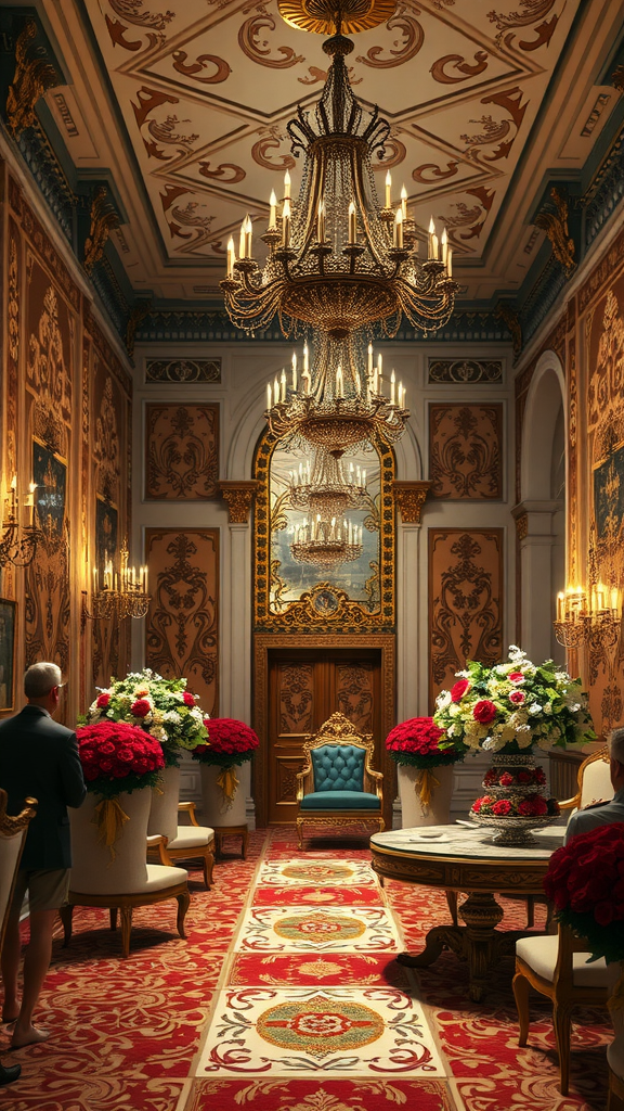 35 Stunning Ideas for a Rococo Party Luxurious Rococo-inspired party room with elegant decorations, chandeliers, and floral arrangements.