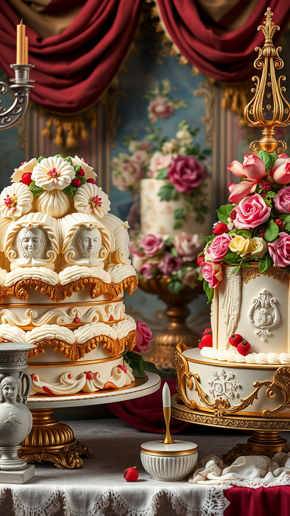 35 Exquisite Rococo Cakes for Your Next Celebration Two Rococo style cakes with intricate designs, floral decorations, and gold accents, set against a luxurious backdrop.