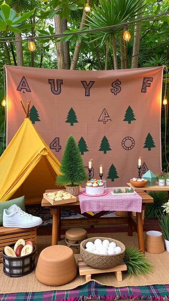 25 Adorable Ideas for a Boho Themed 1st Birthday Party for Girls Outdoor themed birthday setup with a tent, trees, and a vibrant backdrop. boho themed 1st birthday party