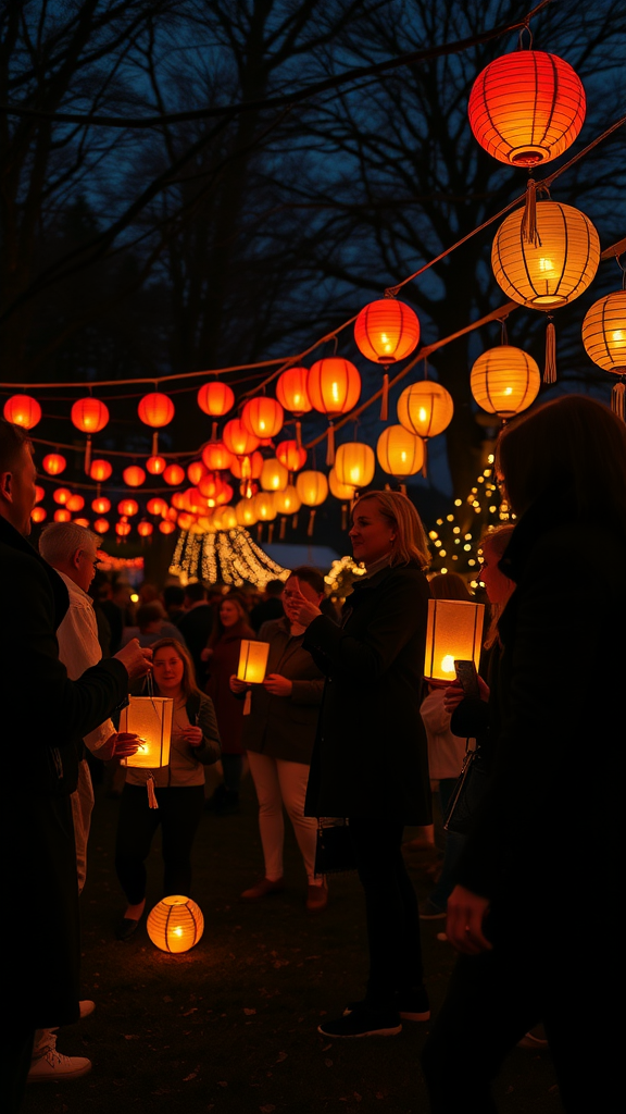 20 Exciting New Year’s Eve Party Ideas to Celebrate in Style A group of people enjoying a festive setting illuminated by colorful outdoor lanterns.