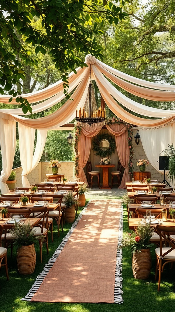 35 Earth Tone Wedding Ideas That'll Make Your Guests Go 'Wow!' (Don't Miss #10!) Outdoor wedding venue with draped fabric, wooden tables, and greenery.