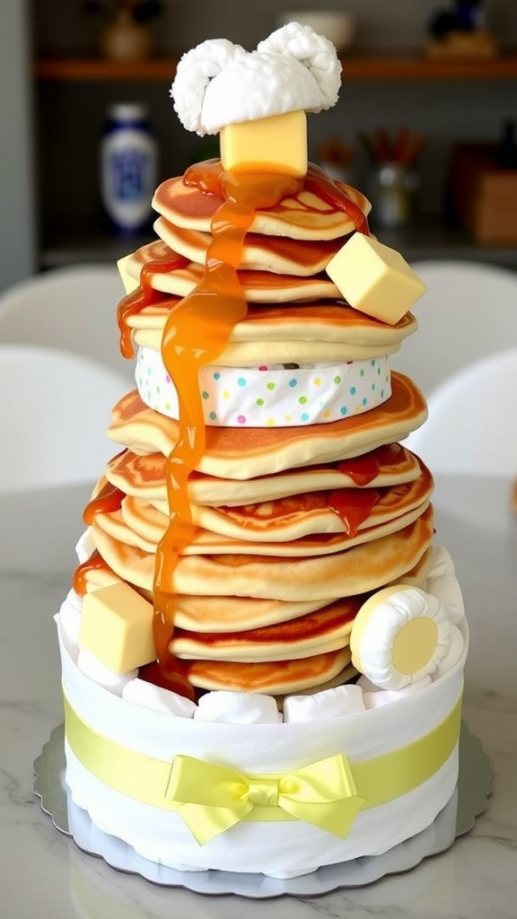 25 Creative Valentine Diaper Cakes A diaper cake designed to look like a stack of pancakes, complete with faux syrup and butter.