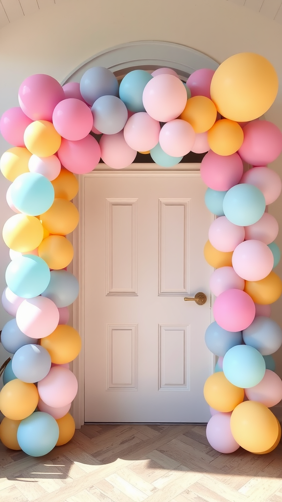 25 Adorable Ideas for a Boho Themed 1st Birthday Party for Girls Pastel balloon garland archway with a door entrance decorated for a party