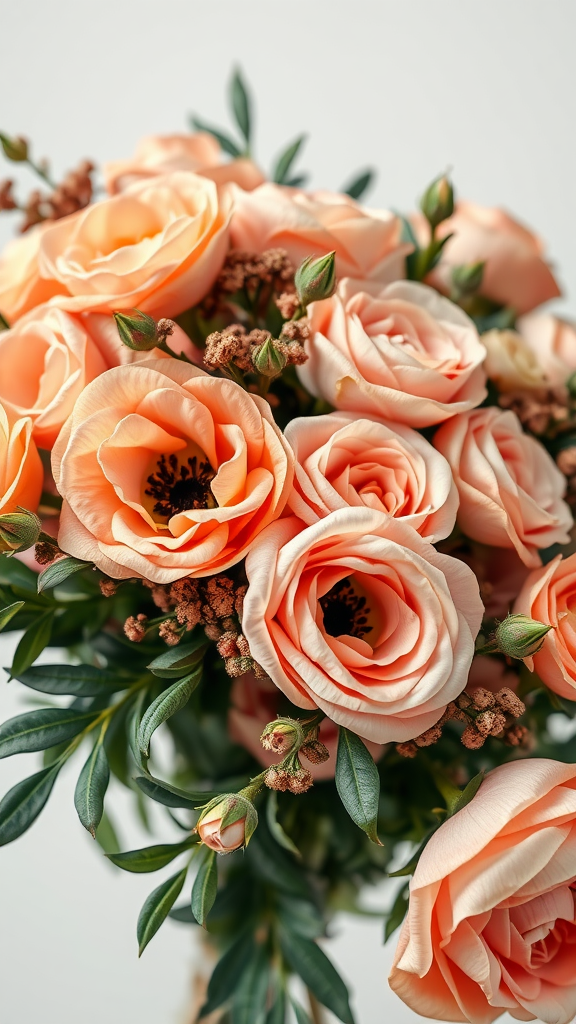 35 Stunning Earth Tone Wedding Bouquets for Your Dream Celebration A bouquet of peach and dusty rose roses with greenery