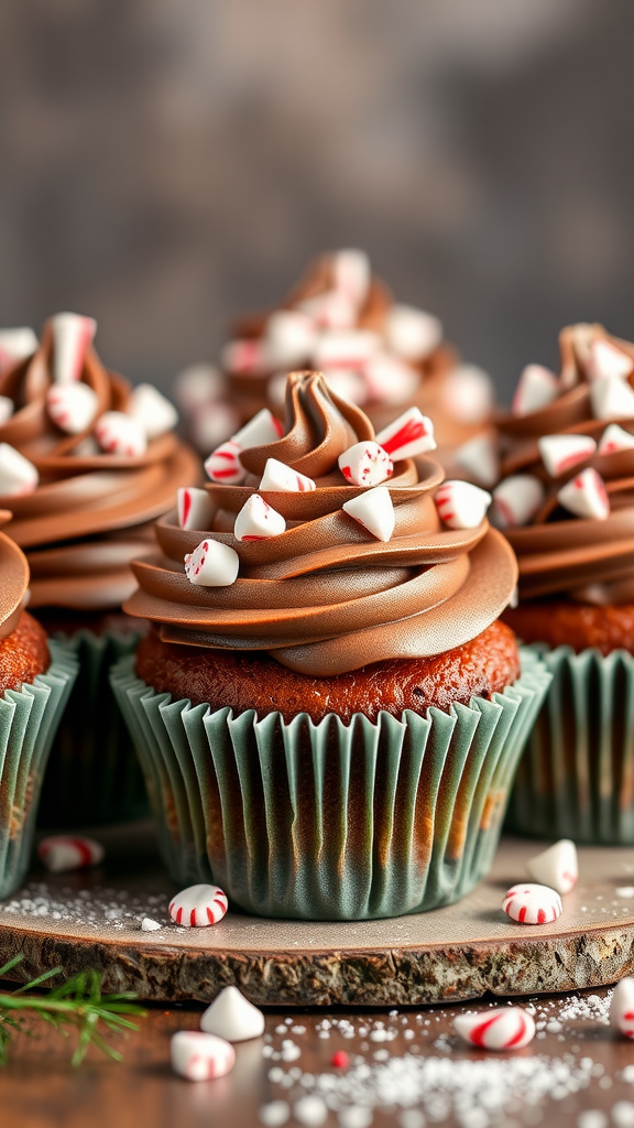 20 Festive Christmas Wedding Cakes and Cupcakes to Delight Your Guests A close-up of peppermint mocha cupcakes topped with chocolate frosting and peppermint pieces.