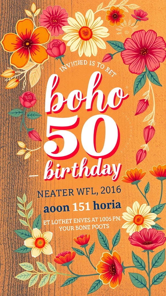 25 Creative Ideas for a Boho 50th Birthday Party Celebration Colorful boho-inspired birthday invitation with floral designs