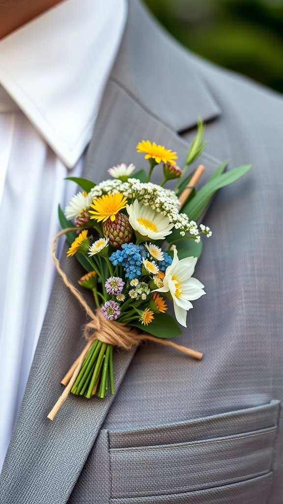 25 Cowboy Wedding Flowers That Will Make Planning a Breeze! A close-up of a stylish boutonniere made with colorful flowers, wrapped in twine, pinned to a gray suit.